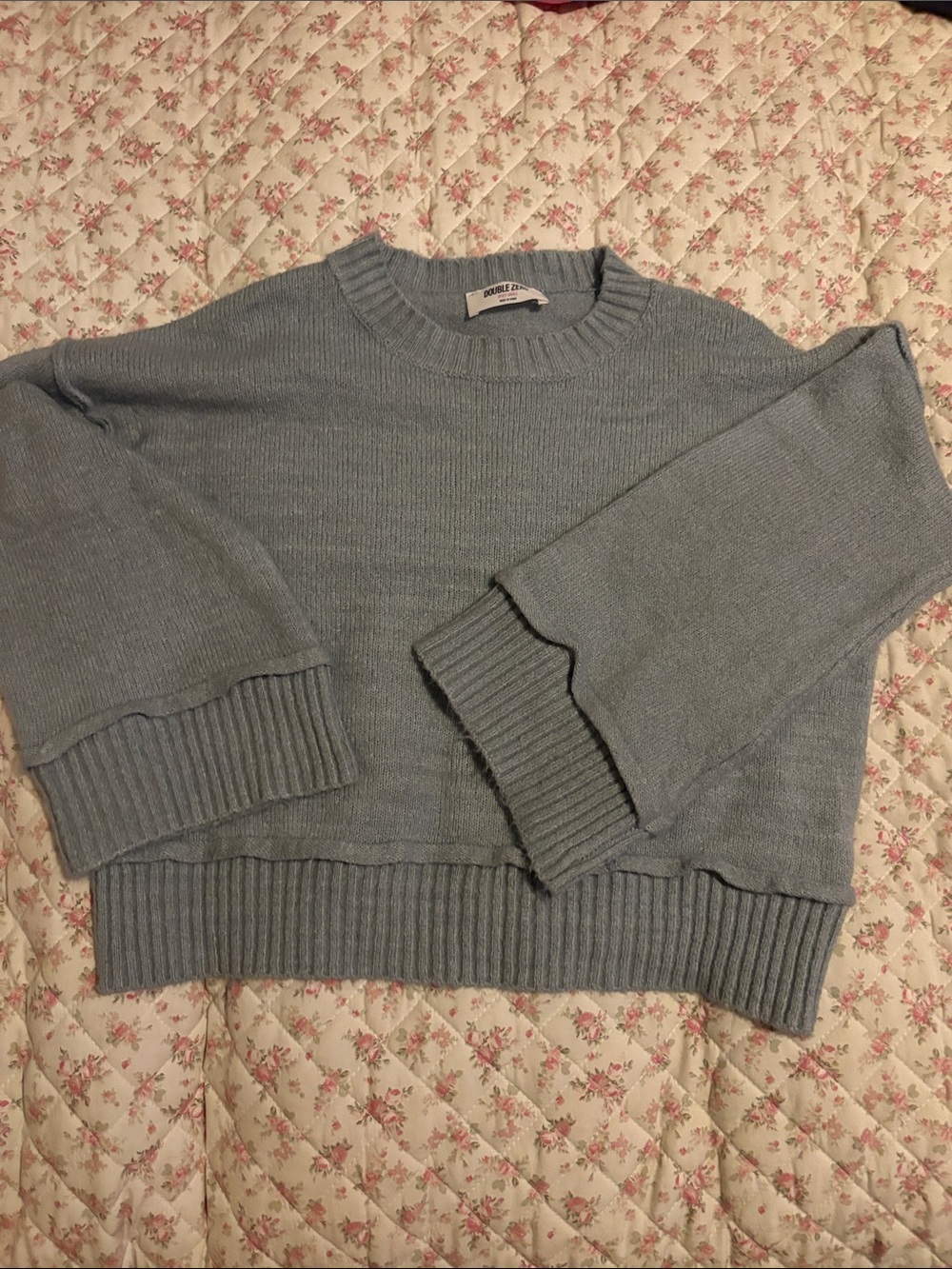 Double Zero Powder Blue Crewneck Sweater with Ribbed Hem